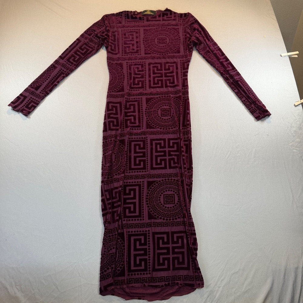 Burgundy Burnout Velvet Greek Key Mesh Maxi Dress Large Y2K‎ Bodycon Party Glam